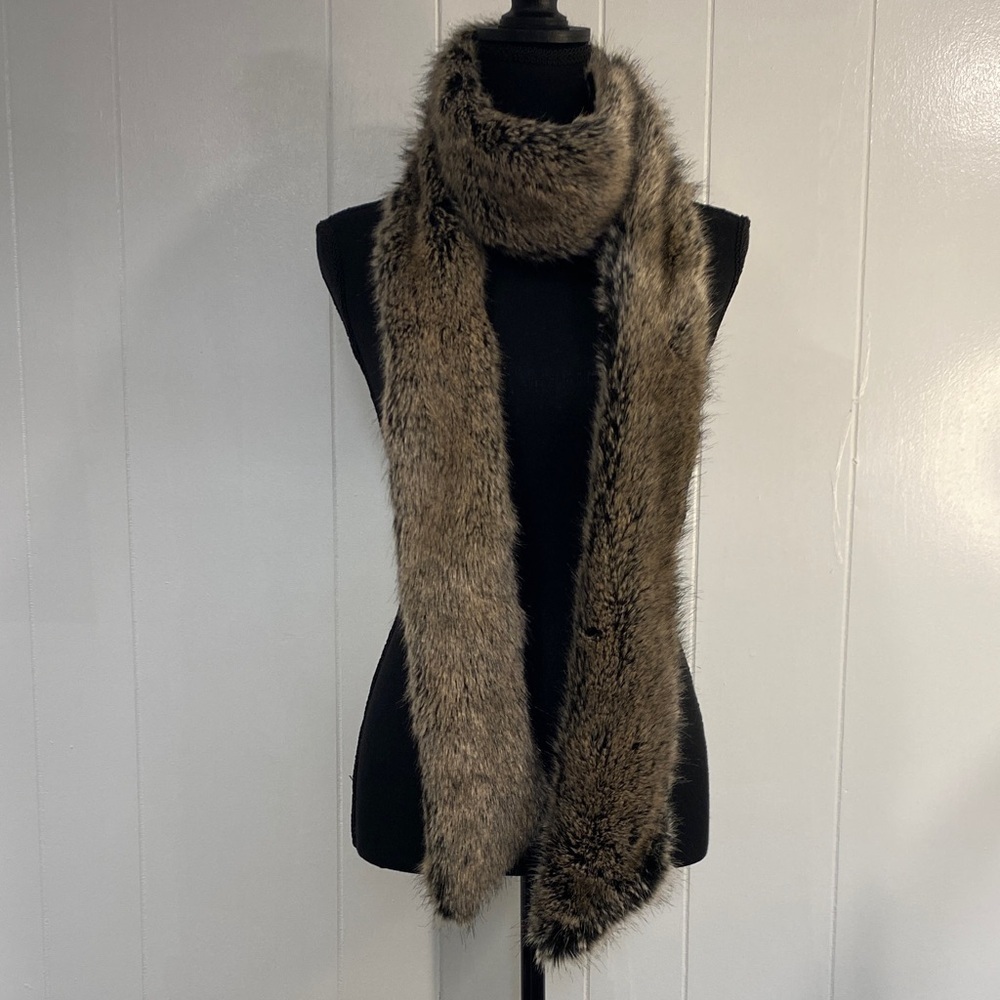 Banana Republic Faux Fur Scarf Brown Taupe Satin Lined Long Winter Wrap Stole